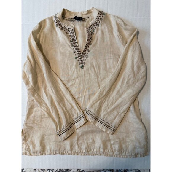 RAFAELLA Beige Embroidered Beaded Blouse100% Linen V-Neck Tiny Flaw Size 14 - Picture 5 of 16